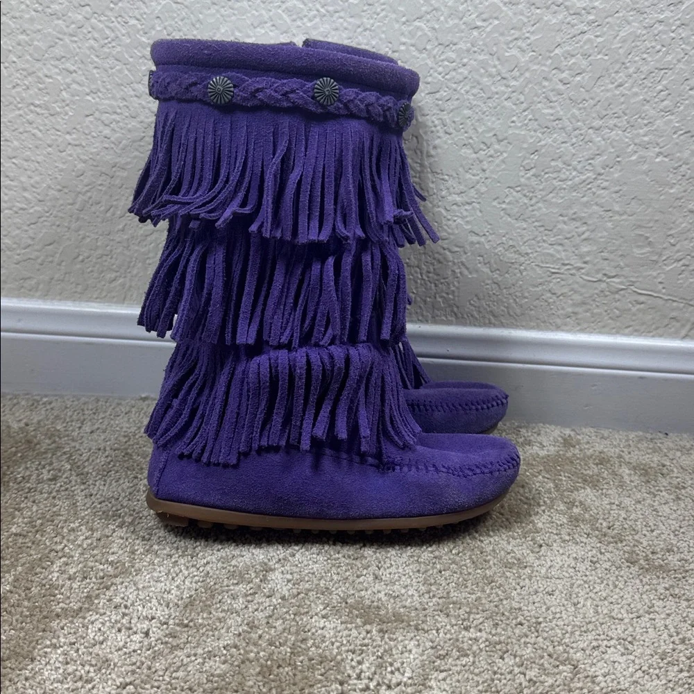 Minnetonka 3-Layer Fringe Purple Suede‎ Moccasin Boots 2654S Womens 13 Kids 13